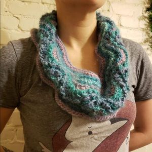 Hand-knit Feather and Fan Infinity Wave Cowl